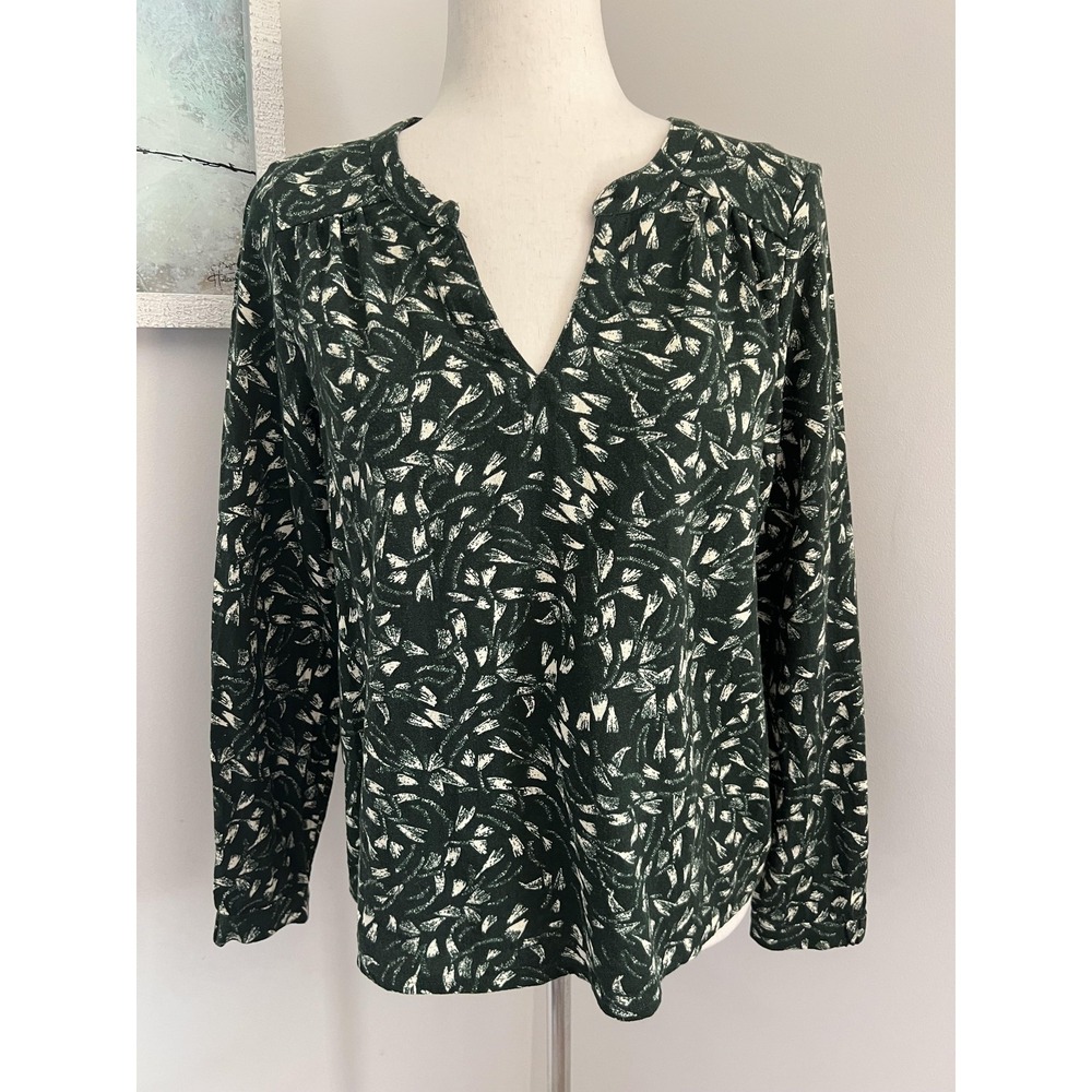 Pact Top Womens XS Green Floral V Neck Long Sleeve Organic Cotton Knit Boho